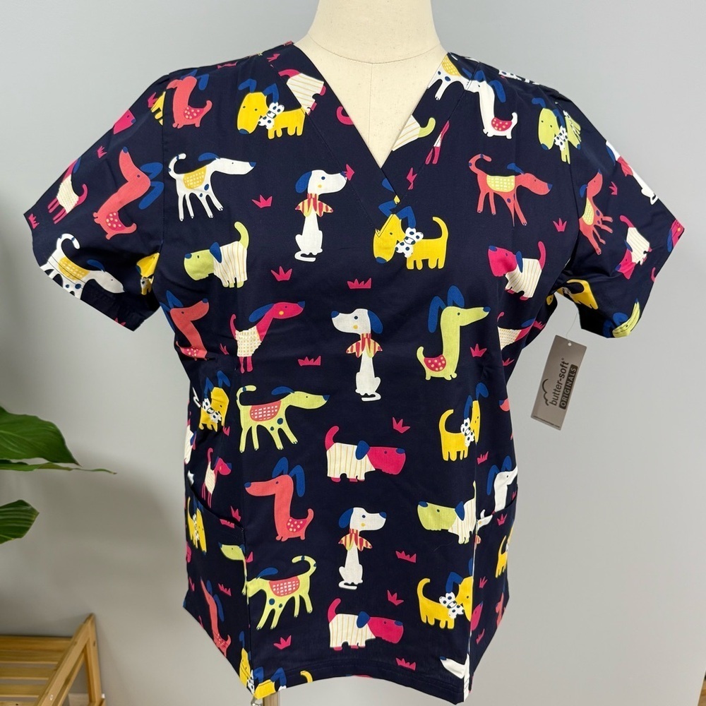 NWT Buttersoft Scrub Top XL Deep Navy Blue With Cartoon Dogs Cotton Scrubs Nurse